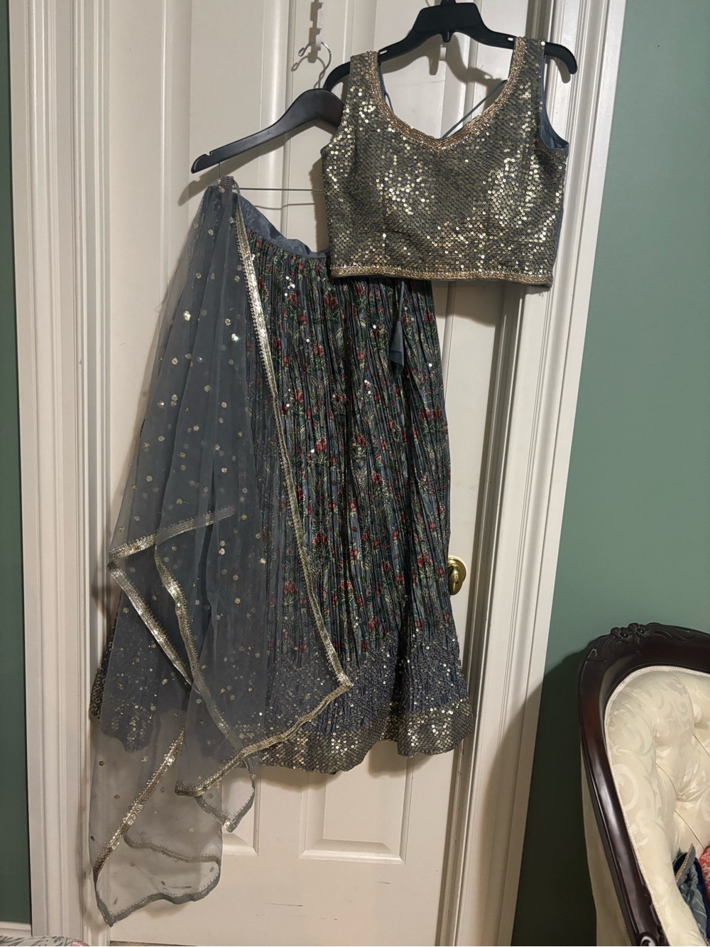 Silver color Gray Floral Sequined Lehenga Skirt, Choli & Dupetta . - Picture 2 of 14